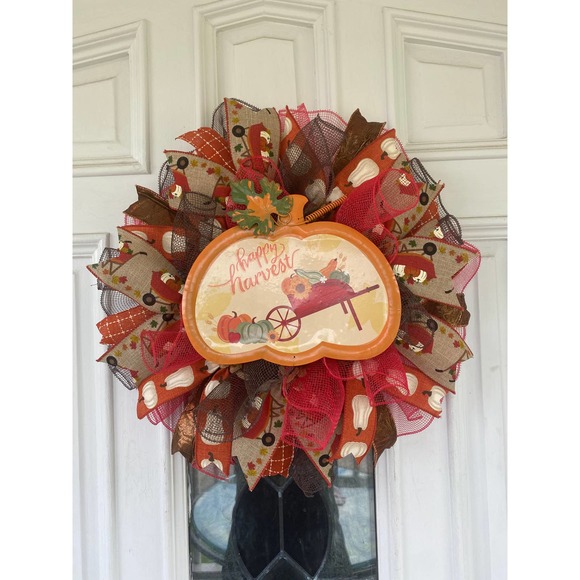 Happy Harvest Red Wheelbarrow Pumpkin Deco Mesh Ribbon Fall Storm Door Wreath - Picture 1 of 7